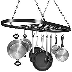 Sorbus Pot and Pan Rack for Ceiling with Hooks — Decorative Oval Mounted Storage Rack — Multi-Purpose Organizer for Home, Restaurant, Kitchen Cookware, Utensils, Books, Household (Hanging Black)