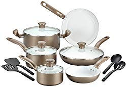 T-fal Ceramic Cookware Set, Nonstick Cookware Set, 14 Piece, Gold