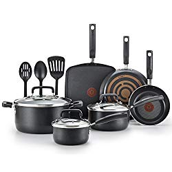 T-fal Cookware Set, Nonstick Pots and Pans Set, 12 Piece, Thermo-Spot Heat Indicator, Black