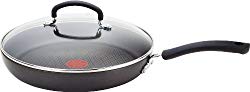 T-fal E91898 Ultimate Hard Anodized Scratch Resistant Titanium Nonstick Thermo-Spot Heat Indicator Anti-Warp Base Dishwasher Safe Oven Safe PFOA Free Glass Lid Cookware, 12-Inch, Gray