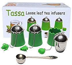 TASSA Loose Leaf Tea Infuser, Tea Ball Strainers, Steepers Set w/ Cute Silicone Handle & Trays 3X PLUS Stainless Steel Spoon.