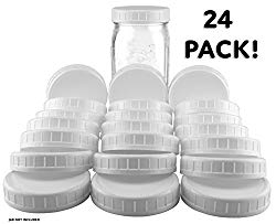 Two Dozen Wide Mouth Plastic Mason Jar Lids (24-Pack Bundle); 2 Dozen Unlined White Ribbed Lids, 86-450 Size