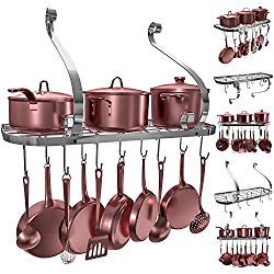 VDOMUS Square Grid Wall Mount Pot Rack, Bookshelf Rack with 10 Hooks, Kitchen Cookware, 24 by 10-inch (Sliver)