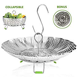 Vegetable Steamer Basket Stainless Steel Collapsible Steamer Insert for Steaming Veggie Food Seafood Cooking, Metal Handle Foldable Legs, Fit Various Pot Pressure Cooker (5.3″ to 9″)