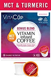 VitaCup MCT, Turmeric, and Cinnamon Genius Blend Coffee K Pods 16 Ct. Infused With Essential Vitamins B12, B9, B6, B5, B1, and D3, in Single Serve Keurig Compatible K Pods (Genius Blend)