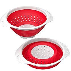Vremi 5 Quart Collapsible Colander – BPA Free Silicone Food Strainer with Plastic Handles – Heavy Duty Foldable Heat Resistant Pasta and Veggies Kitchen Drainer Steam Basket – Dishwasher Safe – Red