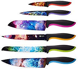 Kitchen Knife Set in Gift Box by Chef’s Vision – Cosmos Series – Unique Gifts For Men and For Women – FREE Bonus Booklet – 6 Piece Color Set – Chef, Bread, Slicer, Santoku, Utility, Paring Knives