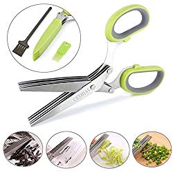 CETHIAS Herb Scissors,Multipurpose Kitchen Stainless Steel Shear with 5 Blades & Cover with Cleaning Comb & BONUS Cleaning Brush,Green