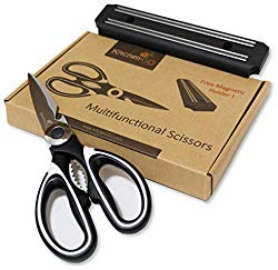 Heavy Duty Kitchen Shears – Multi Purpose Scissors Best for: Poultry, Fish, Seafood, Herbs, Vegetables, Meat and BBQ – Magnetic Bar included (White)
