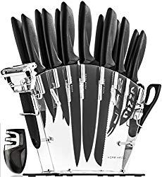 Stainless Steel Knife Set with Block – 13 Kitchen Knives Set Chef Knife Set with Knife Sharpener, 6 Steak Knives, Bonus Peeler Scissors Cheese Pizza Knife & Acrylic Stand – Best Cutlery Set Gift