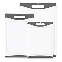 GripMAX Premium Durable Kitchen Cutting Board Set of 3, BPA Free, Dishwasher Safe, Large and Thick Plastic Chopping Mat Boards, Easy-Grip Rubber Handle, Non-Porous, Juice Grooves (3 Piece Set: Gray)
