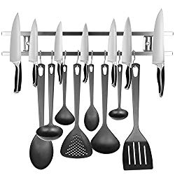 HOMEMAXS Magnetic Knife Holder, 16 inch Strong Stainless Steel Magnetic Knife strip, Double Knife Bar with 8 Removable Hooks Knife Rack Tool Holder