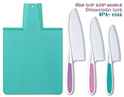 Tovla & Co. Kids Kitchen Knife and Foldable Cutting Board Set: Children’s Cooking Knives in 3 Sizes & Colors/Firm Grip, Serrated Edges, BPA-Free Kids’ Knives/Safe Lettuce and Salad Knives