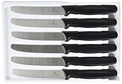 Victorinox Cutlery 6-Piece 4-1/2-Inch Wavy Edge with Round Tip Steak Knife Set, Black
