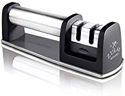 Zulay Kitchen Manual Stainless Steel Knife Sharpener for Straight and Serrated Knives, Ceramic and Tungsten – Easy Sharpening for Dull Steel, Paring, Chefs and Pocket Knives, Sharpens Scissors