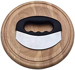 Checkered Chef Mezzaluna Chopper With Cutting Board Set – Rocker Knife – Mincing Knife With Cover and Herb Board – Round Wooden Curved Board