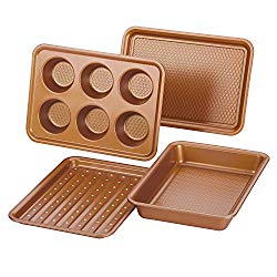 Ayesha Curry 47704 Nonstick Bakeware Toaster Oven Set with Nonstick Baking Pan, Cookie Sheet / Baking Sheet and Muffin Pan / Cupcake Pan – 4 Piece, Copper Brown
