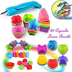 Cupcake Baking Cup Molds Bundle Easy Clean Pastry Liners 48 Nonstick Reusable Silicone Muffin Molds with Icing Pen Cupcake & Cake Decorating Pen Set