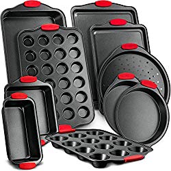 Nutrichef NCSBS10S 10-Piece Carbon Steel Nonstick Bakeware Baking Tray Set w/Heat Red Silicone Handles, Oven Safe Up to 450°F, Pizza Loaf Muffin Round/Square Pans, Cookie Sheet