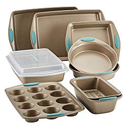 Rachael Ray 47578 Cucina Nonstick Bakeware Set with Grips includes Nonstick Bread Pan, Baking Sheet, Cookie Sheet, Baking Pans, Cake Pan and Muffin Pan – 10 Piece, Latte Brown with Agave Blue Grips