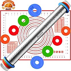 Rolling Pin and Silicone Baking Pastry Mat Set, Smooth Non Stick Stainless Steel Roller, Rolling Pins with Adjustable Thickness Rings, for Baking Dough, Pizza, Pie, Pastries, Pasta, Cookies
