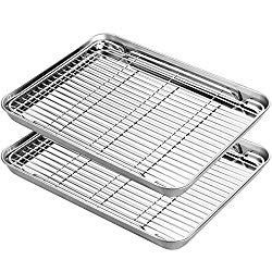 Stainless Steel Baking Sheets with Rack, HKJ Chef Cookie Sheets and Nonstick Cooling Rack & Baking Pans for Oven & Toaster Oven Tray Pans, Rectangle Size 12.5L x 11W x 1H inch & Non Toxic & Healthy