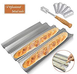Walfos Baguette Pan Set-Food Grade Nonstick Coating Perforated Baguette Bread Pans for French Bread Baking 4 Loaves,with Premium Hand Crafted Bread Lame