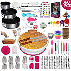 360 Pcs Cake Decorating Supplies Kit with Baking supplies- Spring-form Pan Set -Cake Turntable stand-55 Numbered Piping Tips & Bags 7 Russian tips Icing Spatulas Fondant tools Measuring cups & Spoons