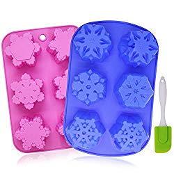 6-Cavity Snowflakes Silicone Cake Mold, YuCool 2 Pack Non-Stick Christmas Baking Tray with Silicone Scraper, DIY Muffin Chocolate Ice Cubes Soap, Oven-Microwave-Freezer-Dishwasher Safe