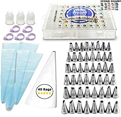 Aleeza Cake Wonders Get FROSTED! Piping Bags and Tips Set – 100 pcs Cake Decorating Kit with 40 Frosting Bags, 48 Icing Tips and Design Chart. Pastry, Cookie, Cupcake and Cake Decorating Supplies