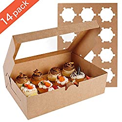 Farielyn-X 14 Packs Cupcake Boxes, Food Grade Kraft Bakery Boxes with Inserts and Display Windows Fits 12 Cupcakes or Muffins