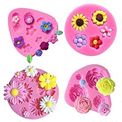 Flower Fondant Cake Molds-4 Pcs-Daisy Flower,Rose Flower,Chrysanthemum Flower and Small Flower,Candy Silicone Molds Set for Chocolate,Fondant,Polymer Clay,Soap,Crafting Projects & Cake Decoration