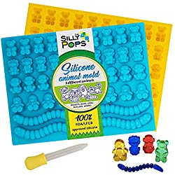 Gummy Bear Mold Bpa Free Silicone (Yellow, Blue) – Set of 2 for 86 Candies – 5 Different Types of Animals – Dropper Included – Candy Molds, Gummy Worm Mold, Chocolate Molds, Gelatin Molds, Ice Cube
