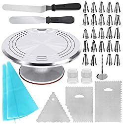 Kootek 35-in-1 Cake Decorating Supplies with Aluminium Alloy Revolving Cake Turntable, 24 Piping Tips, 2 Frosting Spatula, 3 Icing Comb, 2 Reusable Pastry Bags, 2 Couplers and 1 Flower Nail