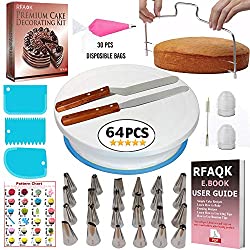 RFAQK 64 Pcs Cake decorating supplies kit with Cake Turntable-Cake leveler-24 Numbered Piping Tips with Pattern Chart & EBook- Straight & Offset Spatula-30 Icings Bags- 3 Icing smoother Scraper set