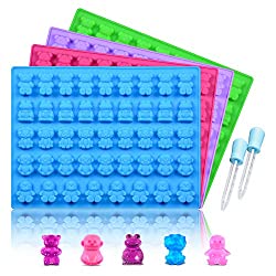Silicone Candy Gummy Bear Molds – Chocolate Molds Including Bears, Frogs, Lions, Monkeys, Penguins Gummie Molds Premium Silicone BPA Free, Pinch Test Approved Pack of 4 with 2 Droppers